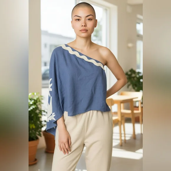 FarmRio For Anthropologie Asymmetrical Blue and Cream Top, Side Zip, Size XL - Picture 1 of 5